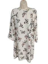 H&M EUR 42 UK 12 IVORY BIRD PRINT LONG SLEEVE WORK CASUAL SHIFT HOLIDAY DRESS