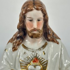 Antique French Large Religious Bleeding Heart  Of Jesus Delicate Ceramic Figure