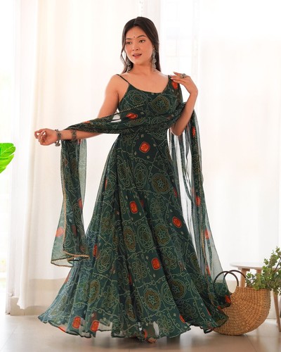 Green bandhani anarkali gown - bandhani,