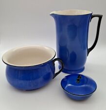 Vintage Large Blue Pitcher, Chamber Pot & Lidded Pot with Black Rim & Handles