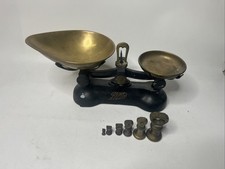 Vintage Cast Iron Boots Kitchen Weighing Scales 6 Brass Weights & 2 Pans Retro