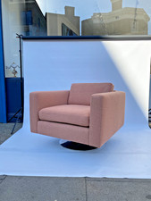 1970s Swivel Cube Armchair Chrome Peach Boucle Vintage Midcentury Postmodern