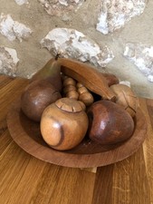 Wooden Fruit and Plate Vintage Retro Solid Wood Turned Banana Pear Freestanding