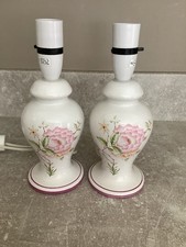 Vintage Table Lamps Matching Pair White Pink Floral Pattern Bedside Lamps Tested