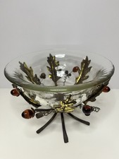 Vintage Large Thick Glass Bowl with Brass Holly Leafs for Drink Or Serving Xmas
