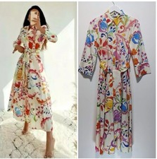 Zara New Bright Floral Button Down Midi Collared Shirt Dress Belted Size XS