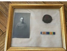 WW1 Framed soldiers photo, Medal ribbon bar & West Lancashire cloth patch