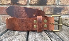 Tan Buffalo Worn Look Leather Belt & Antique Brass Look Buckle 3.5-4mm Handmade