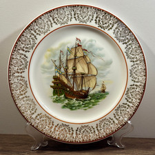 Vintage Bone China Plate Sailing Ship Nautical Maritime Gold Red Trim
