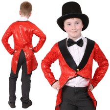 CHILDS RED SEQUIN TAILCOAT COSTUME KIDS UNISEX SHOWMAN CABARET FANCY DRESS