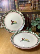 Secla Portugal Lovely Large Dinner Plates x2 Spongeware Chickens Hand Painted