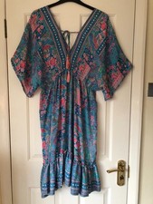 Stunning Boho Silk feel Midi Kaftan Dress Size S14 New Holiday Beach Cruise