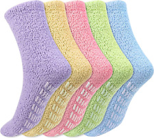 5 Pairs Non Slip Socks for Women with Grips Fuzzy Cozy anti Skid Slipper Socks