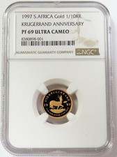 1997 GOLD 30 MINTED SOUTH AFRICA ANNIV PRIVY 1/10oz KRUGERRAND NGC PF 69 UC