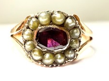 Antique 9ct Rose Gold Oval Garnet Pearl Cluster Georgian Ring 'JJG' Size V