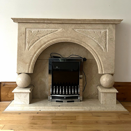 Beige stone fireplace - fireplace, surround