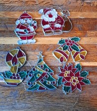 VINTAGE SET OF SUNCATCHERS CHRISTMAS DECORATIONS STAINED GLASS RETRO