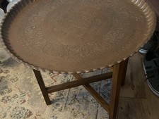 Antique Vintage Persian? Middle Eastern Embossed Copper Tray Folding Table