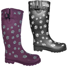 Womens Tall Rubber Wellies Dog Paw Print Adjustable Buckle Snow Rain Boots UK3-9