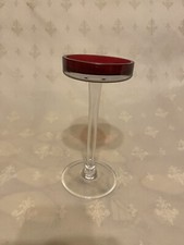 Vintage Red Glass Tall Candle Holder Comport Clear Stem 20cm Tall 9cm Rim