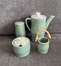 ? Vintage Japanese Porcelain Spice Set Green Pepper Mustard Oil Pot