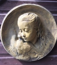 Decorative round wall plaque Girl and Dove stone home or garden plaque 46cm/18"W