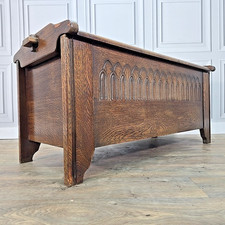 Antique Gothic Revival Oak Coffer Wooden Blanket Chest Ottoman - Carved Arch