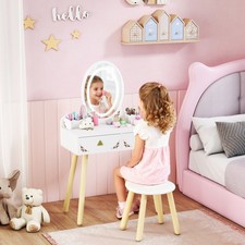 Kids Vanity Table Set, Kids Dressing Table with 3-Colour LED Lights Mirror