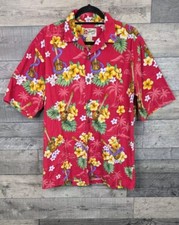Hilo Hattie Hawaiian Shirt Mens Medium Red Ukulele Short Sleeve Floral Genuine 