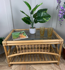 MID CENTURY VINTAGE BAMBOO GLASS TOP COFFEE PLANT TABLE MAGAZINE SHELF 32" x 22"