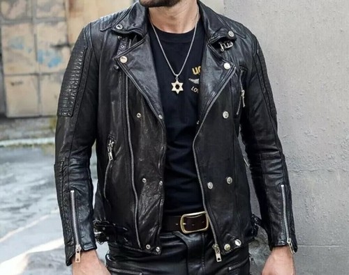 Men black leather biker - men's,
