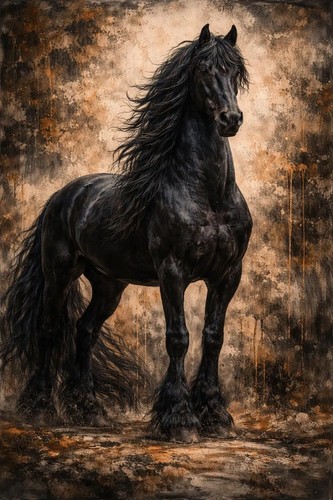 Black friesian horse poster - black,