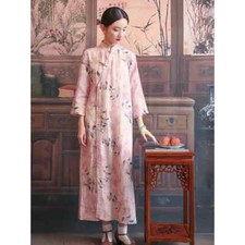 Women Floral Printed Long Dress Chinese Style Cheongsam Qipao Ethnic Elegant