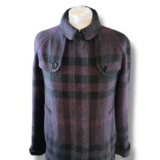 Burberry London Womens Tweed Overcoat Size UK 8 Purple Wool Plaid Raglan Sleeves
