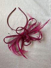 Fascinator  Cerise pink, ribbon, feather and silver strand detail, with headband