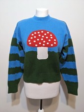 ZARA Mushroom Toadstool Blue Green Knit Jumper Size S Retro Kitsch Bloggers