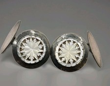 Old Vintage Antique Pair Of Silver Carved Chinese Mother Of Pearl Cufflinks