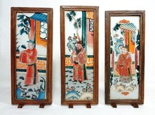 Antique Chinese Reverse Painted Glass Painting Trio Late 19thC