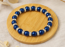 8mm Boho Dark Blue Pearl Bead Bracelet Silver Rhinestone Spacer Elastic Stretch