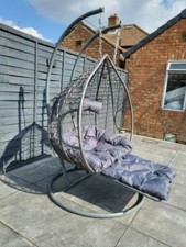 Grey Double Hanging Rattan Swing Patio Chair Weave Egg. w Cushion Footrest Cover