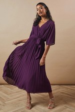 Oasis Womens Midi Dress Plum Fit Flare Kimono Sleeve Pleated Waist Belt
