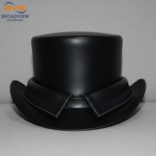 Handmade black leather top hat - black,