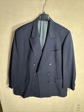 Vintage Biella Black 46L Relaxed Navy Blue Wool Double Breasted 6 Wood Buttons