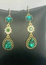 Stunning Emerald Coloured Cocktail Pierced Earrings 5 Cms Drop Goldtoned Setting