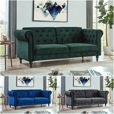 Sofa Bed Velvet Chesterfield 3 Seater Style Green Blue Grey Sofabed Button Back
