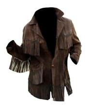 Men Dark Brown Suede Lather Native Cultural Western Cowboy Fringed Coat