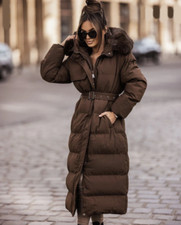 Women Oversize Quilted Maxi Faux Down Hooded Padded Duvet Puffer Coat with Belt