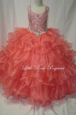 NEW Little Rosie Girls Glitz Long Pageant Dress LR2008 Neon Coral 12 $550 Ruffle