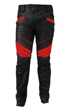 Mens Motorcycle Biker Leather Pants Jeans Trousers Black Red Stripes J5 Waist40"