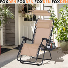 Reclining Sun Lounger Zero Gravity Deck with Cup Holder & Canopy Shade Beige